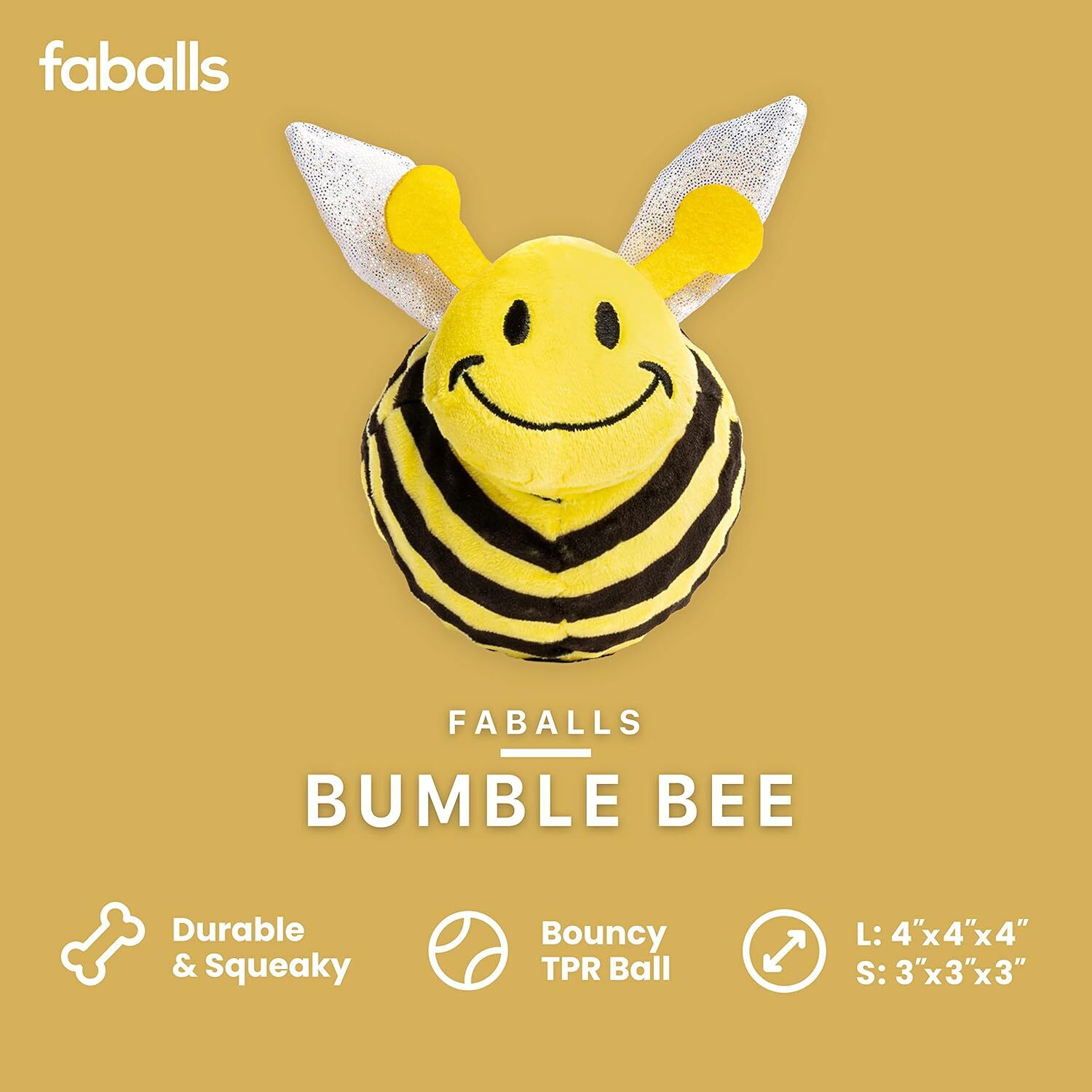 Fabdog Faball Plush Squeaky Bumblebee Ball Dog Toy, 3"
