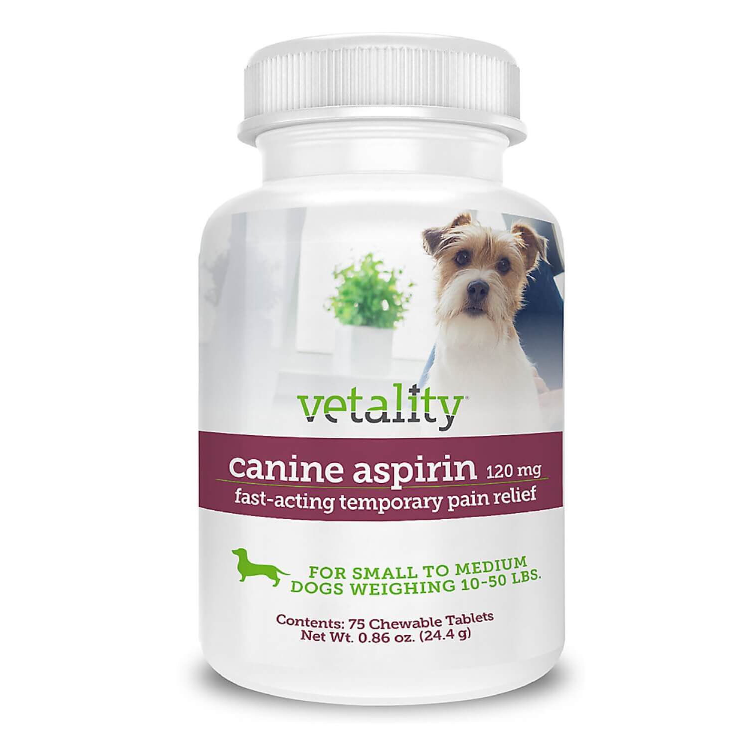Vetality Canine Aspirin Chewable Tablets For Dogs 10-50 Pounds, 120Mg, 75 Count