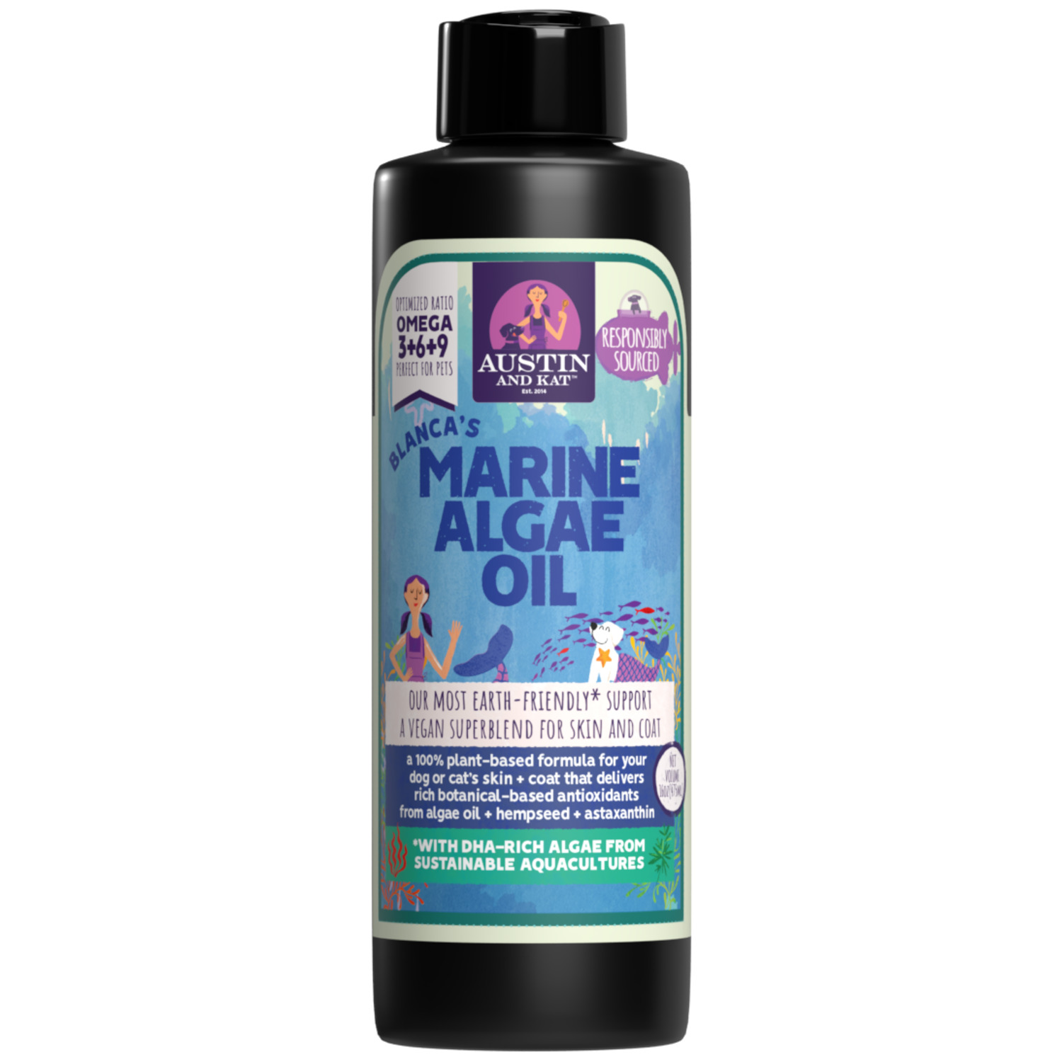 Austin & Kat Blanca's Marine Algae Oil, Skin & Coat Vegan Liquid Omega Dog Supplement, 16Oz