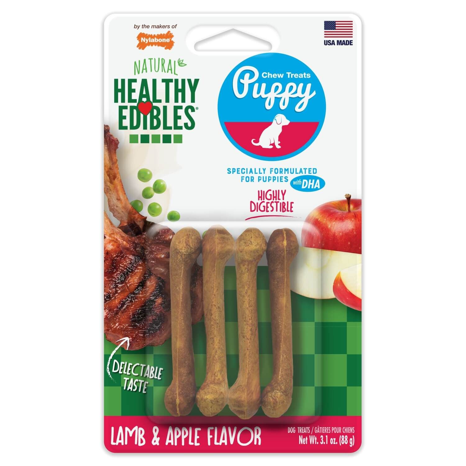 Nylabone Healthy Edibles Puppy Natural Long Lasting Lamb & Apple Dog Chew Treats, X-Small/Petite