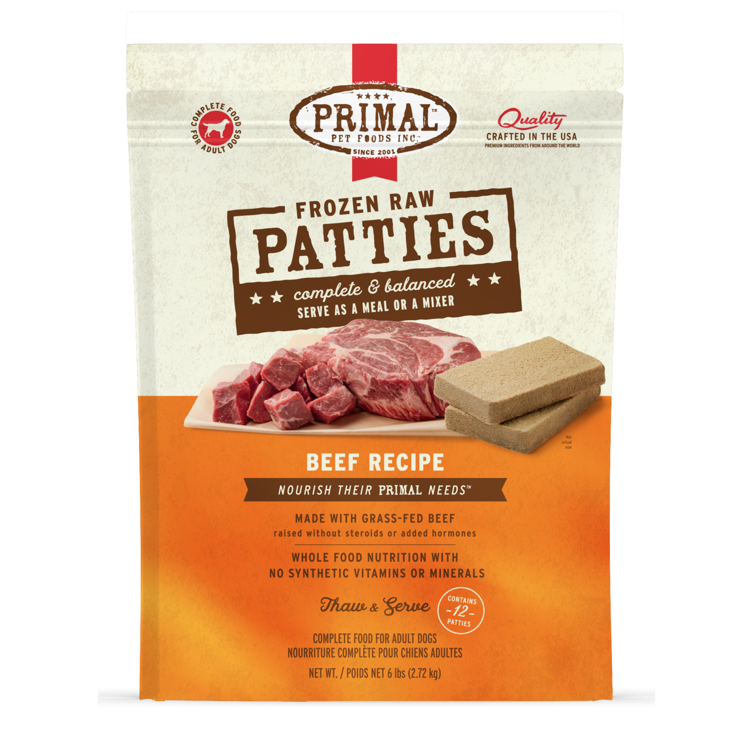 Primal Raw Patties Beef Frozen Dog Food, 6-Lb Bag