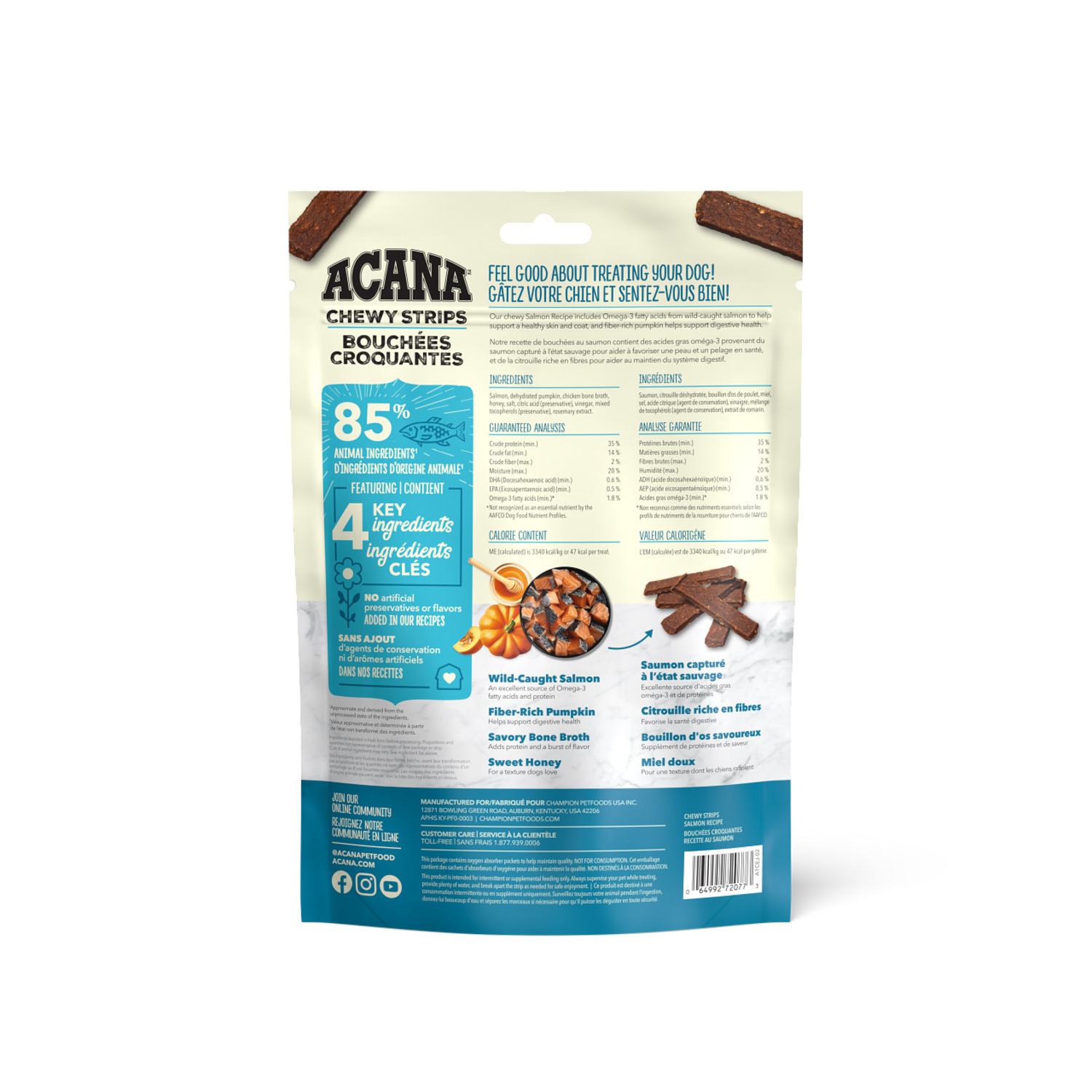 Acana Chewy Strips Skin, Coat, & Digestive Support Dog Jerky Treats, Salmon Recipe, 4Oz