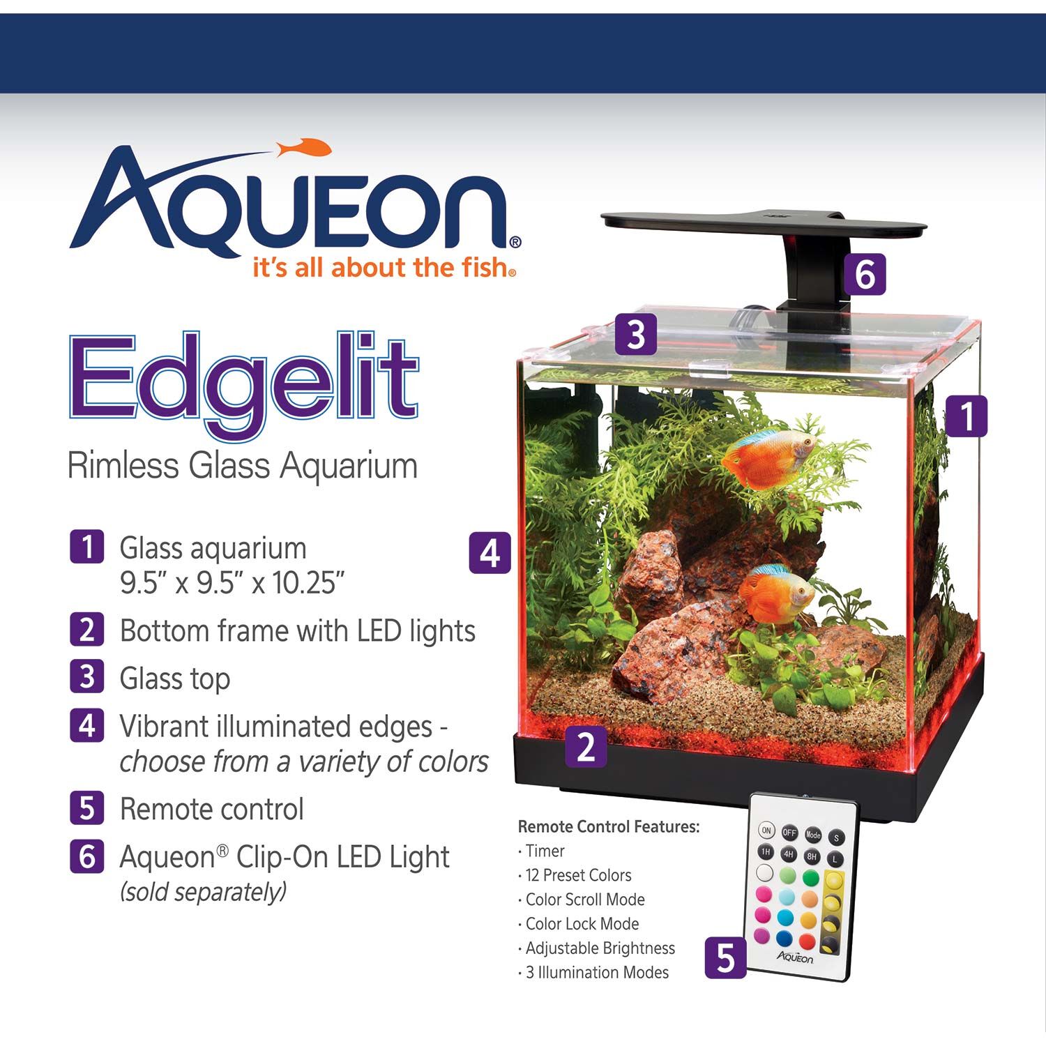 Aqueon Edgelit Rimless Cube Glass Desktop Fish Aquarium 3 Gal