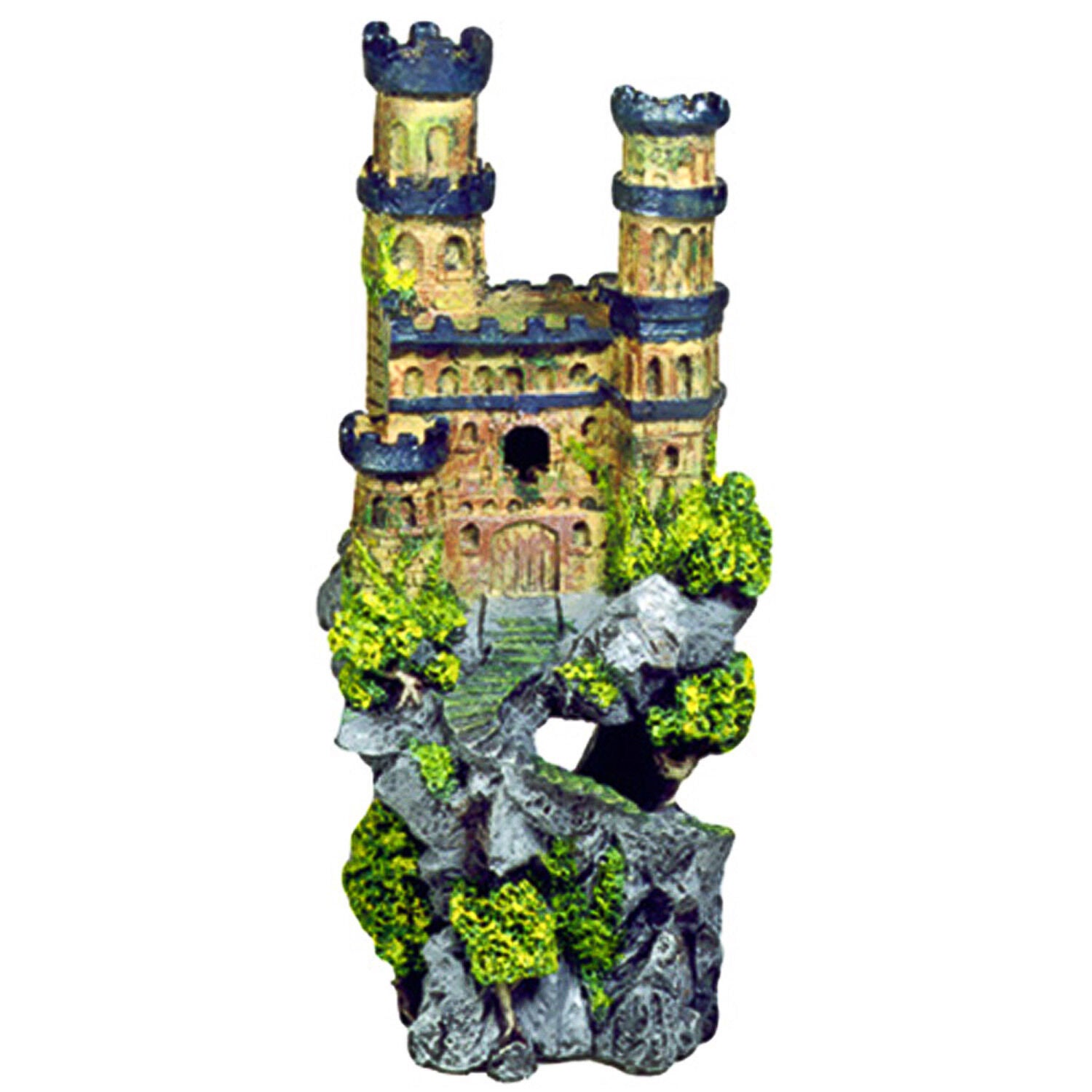 Blue Ribbon Exotic Environments Medieval Castle With Metallic Blue Towers On Rocky Cliff Aquarium Ornament