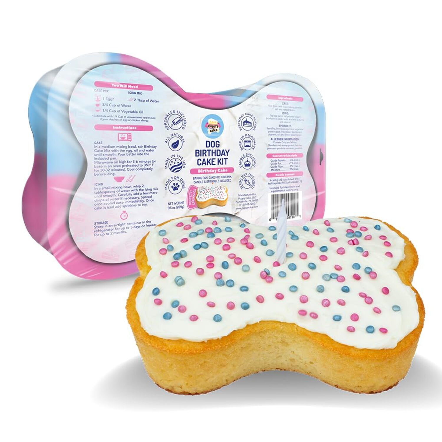 Puppy Cake Dog Birthday Cake Kit- Birthday Cake Mix, Icing, Candle & Silicone Baking Dish
