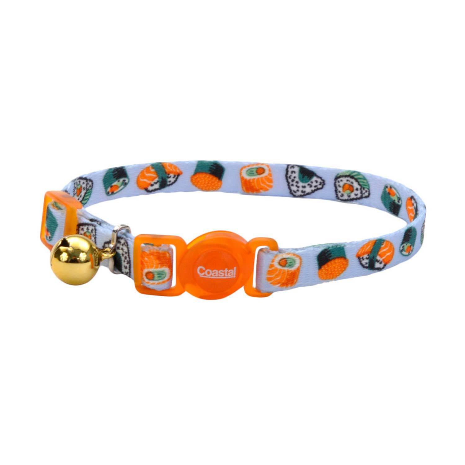 Coastal Pet Products Safe Cat Fashion Adjustable Breakaway Cat Collar, Sushi On Blue, 3/8"X8"-12"