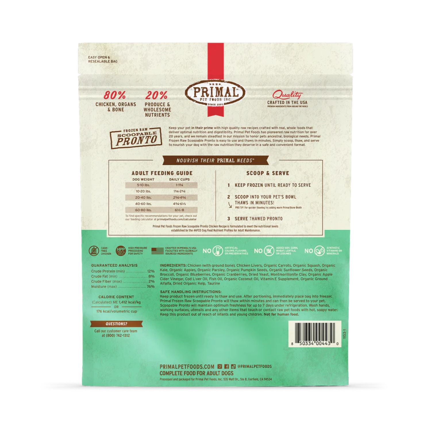 Primal Frozen Raw Scoopable Pronto Chicken Formula Frozen Dog Food, 4Lb