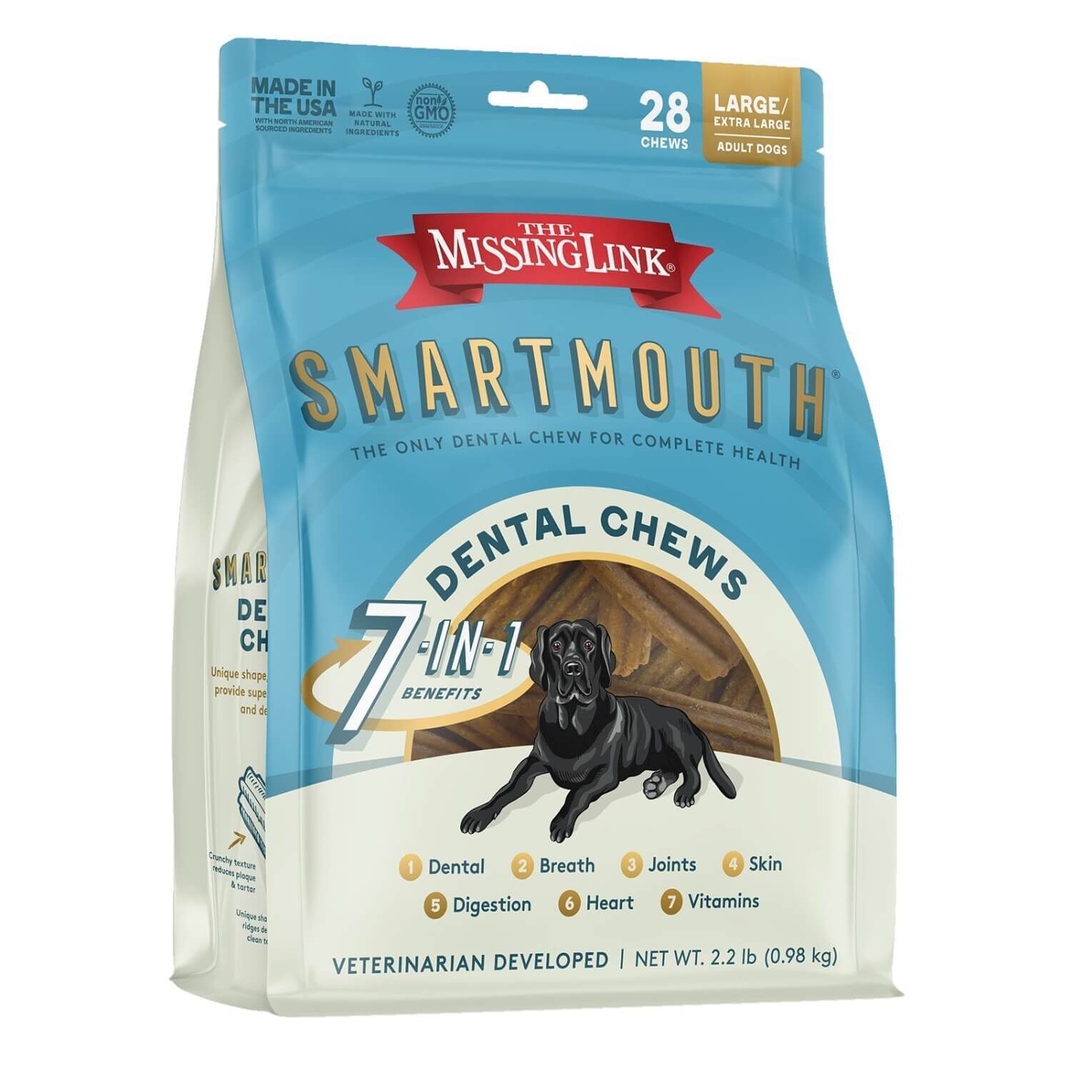 The Missing Link Smartmouth 7-In-1 Dental Chew Dog Treats For Large/Extra Large Dogs