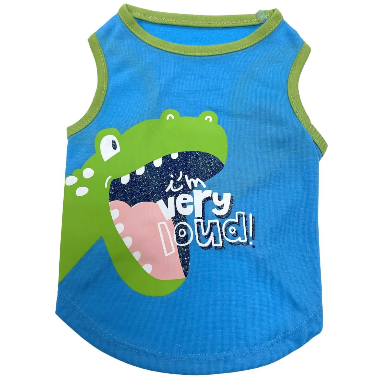 Petrageous Blue & Green Dino I'm Very Loud Dog Tee