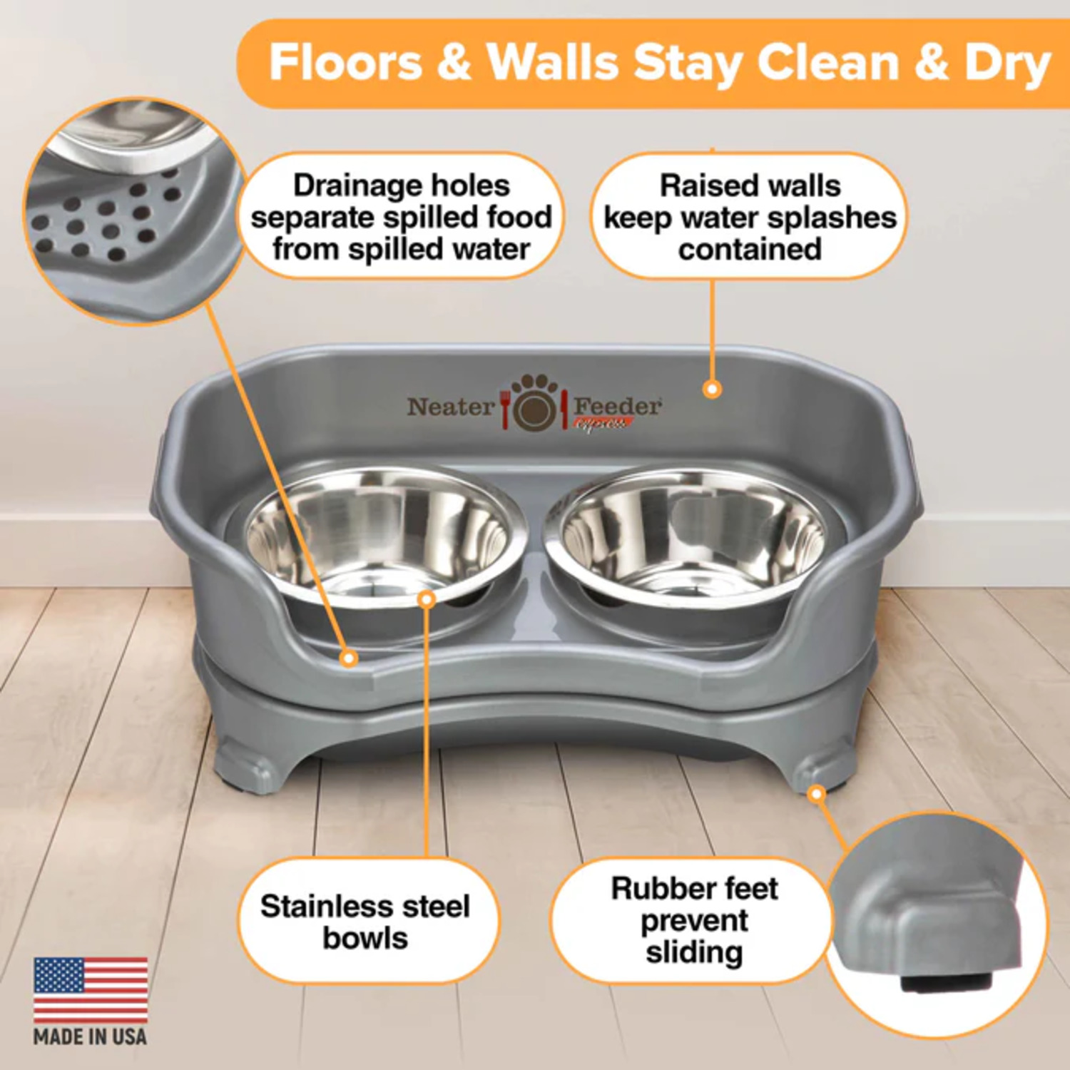 Neater Pets Neater Feeder Express Elevated Cat Feeder With Stainless Steel Bowls, Grey