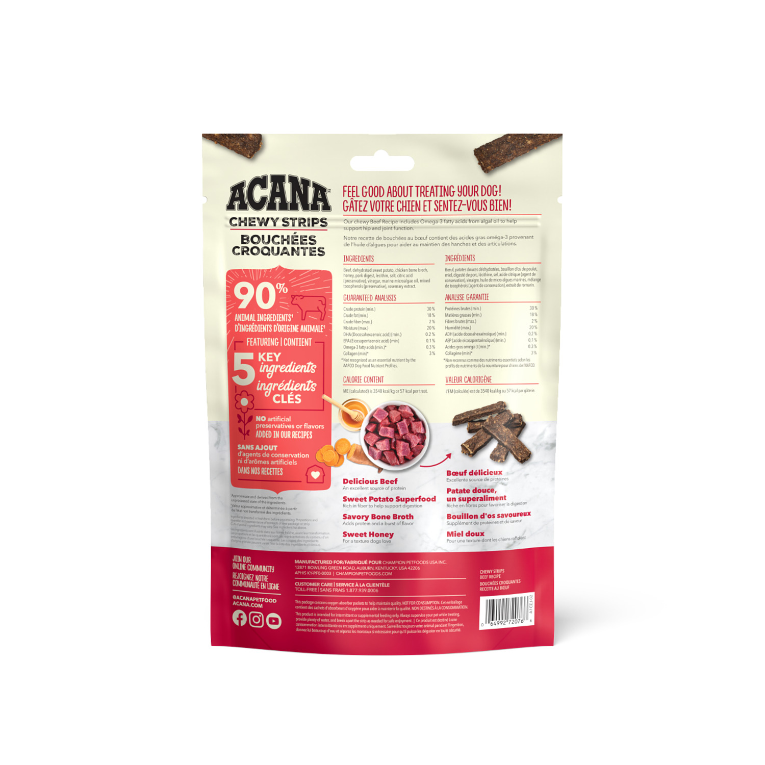Acana Chewy Strips Hip & Joint Support Dog Treats, Beef Recipe, 4Oz