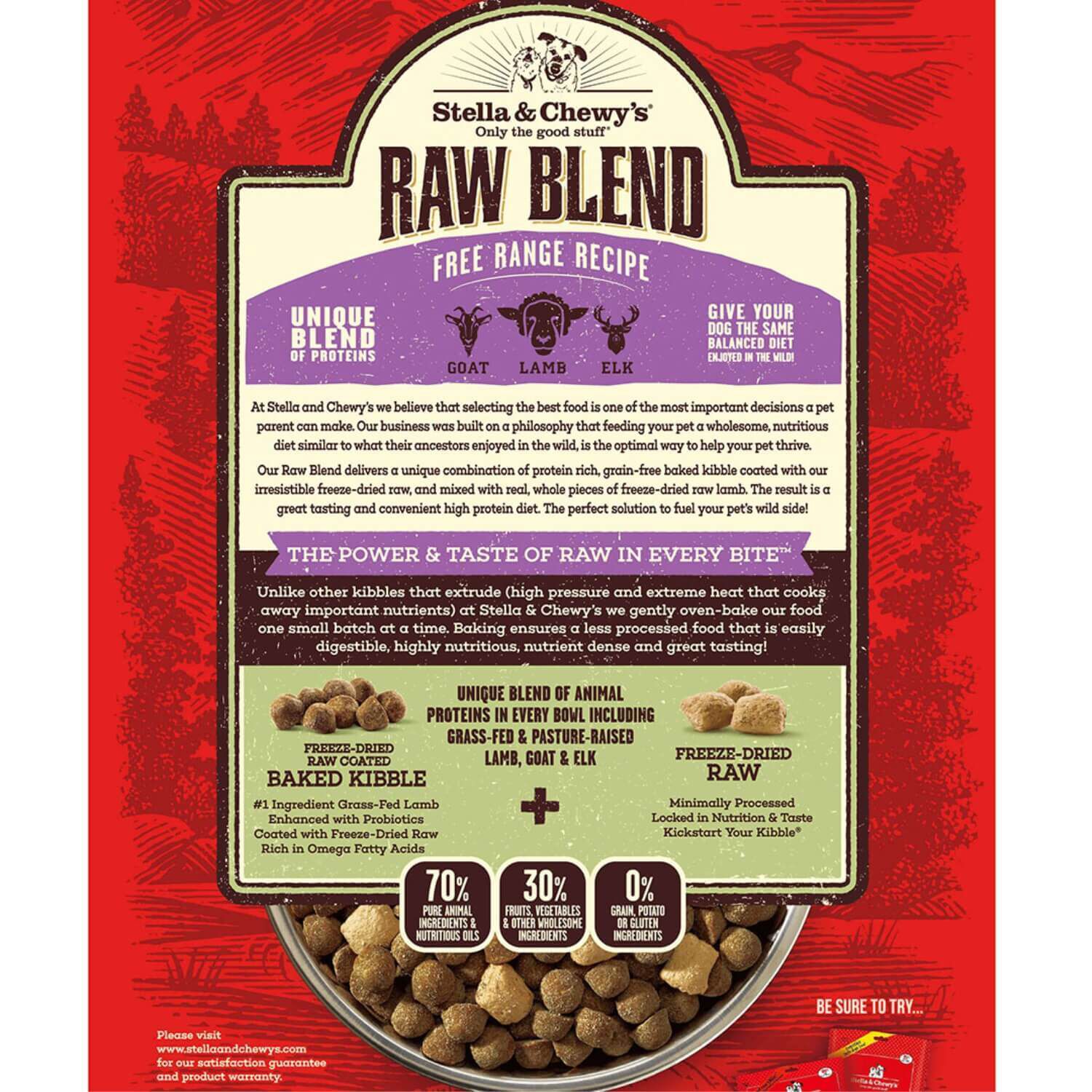 Stella & Chewy's Raw Blend Freeze Dried Raw Coated Baked Kibble Dry Dog Food Free-Range Recipe With Lamb, Goat, & Elk