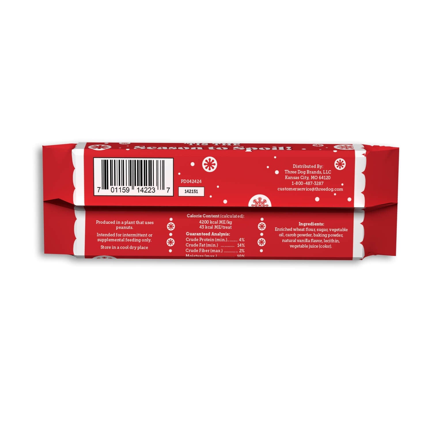 Three Dog Bakery Holiday Lick 'N Crunch Cookies Dog Treats, Carob & Cream Flavor, 6-Pack
