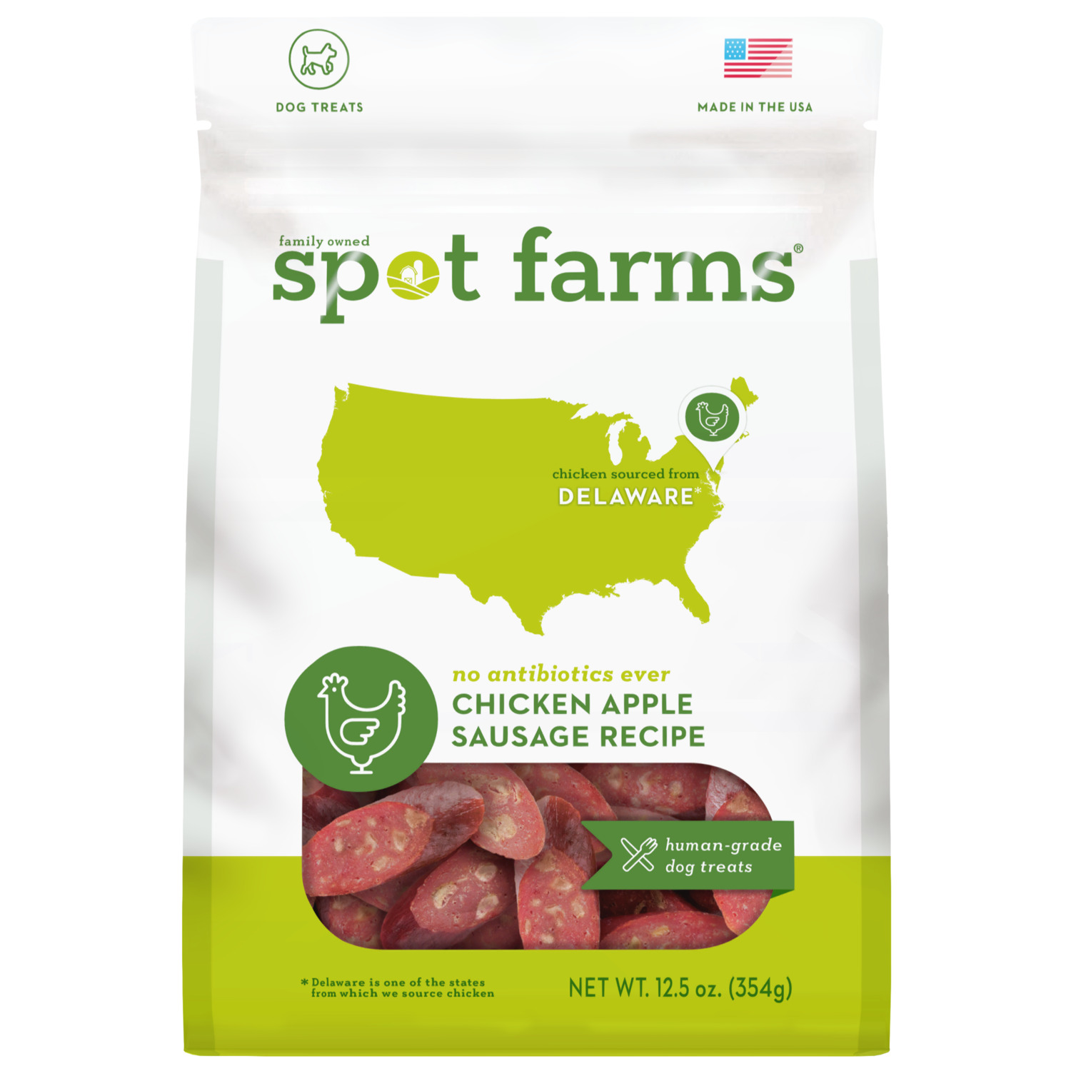 Spot Farms Chicken Apple Sausage Recipe All Natural Human Grade Dog Treats, 12.5Oz