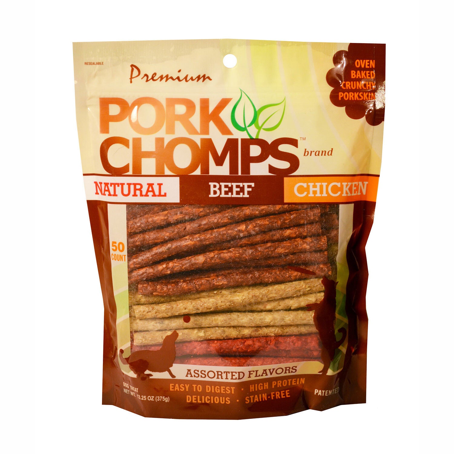 Pork Chomps Munchy Sticks Crunchy High-Protein Dog Treats, 50-Pack, Assorted Flavors