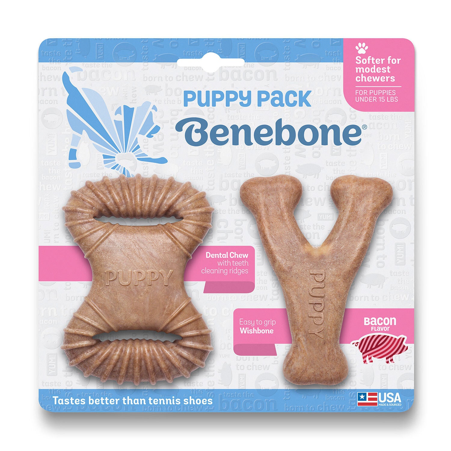 Benebone Puppy Pack Dental Chew & Wishbone Dog Chew Toys, Bacon Extra Small, 2-Pk
