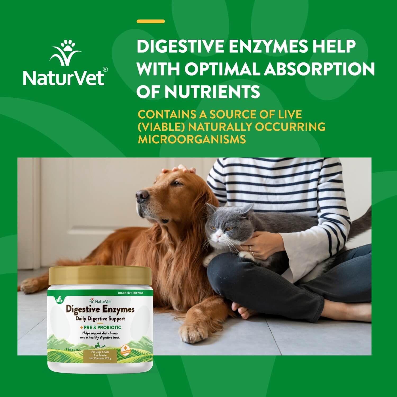 Naturvet Digestive Enzymes Plus Pre & Probiotics Powder Supplement For Dogs & Cats