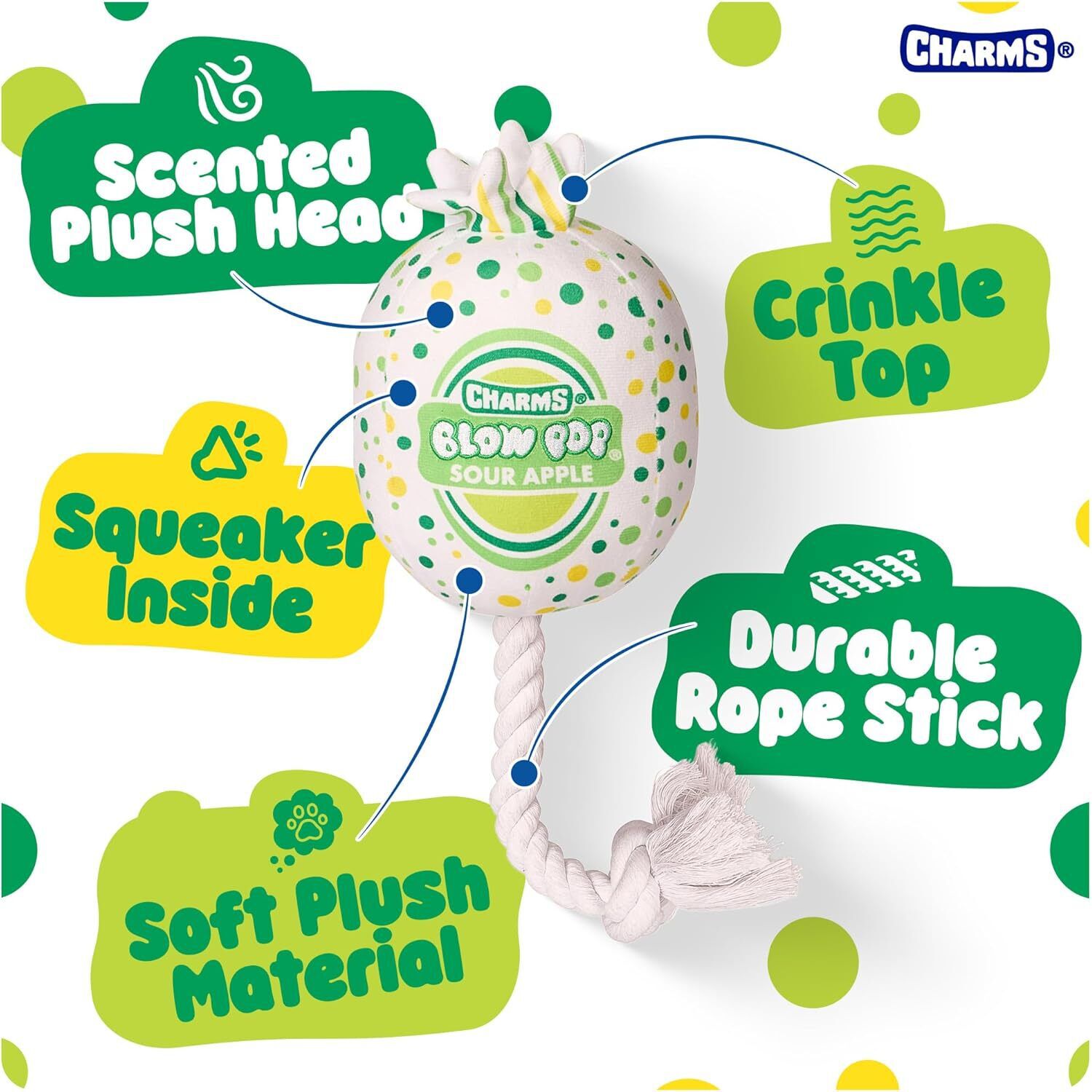 Tootsie Blow Pop Plush Squeaky Rope, Tug & Toss Large Dog Toy, 20"