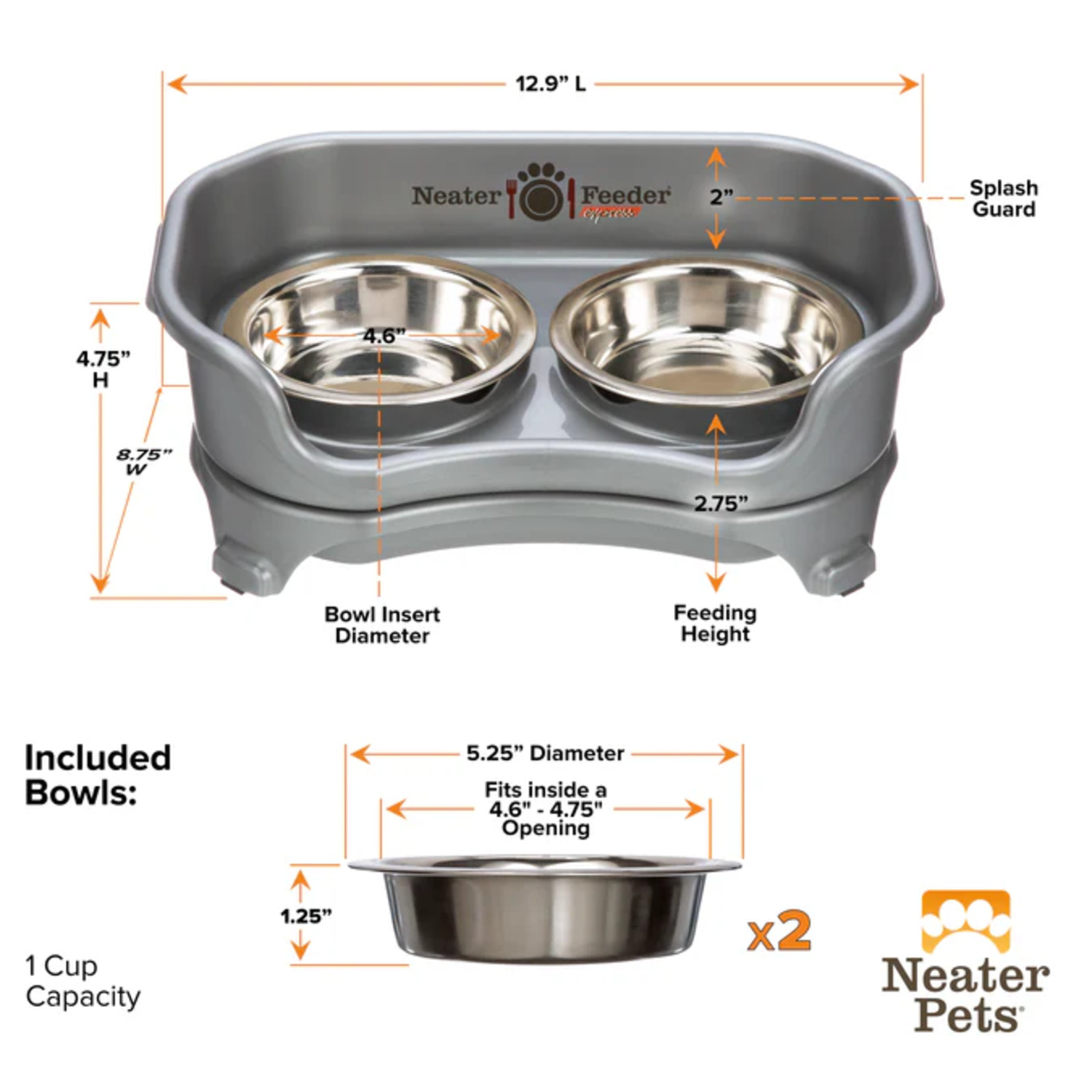 Neater Pets Neater Feeder Express Elevated Cat Feeder With Stainless Steel Bowls, Grey