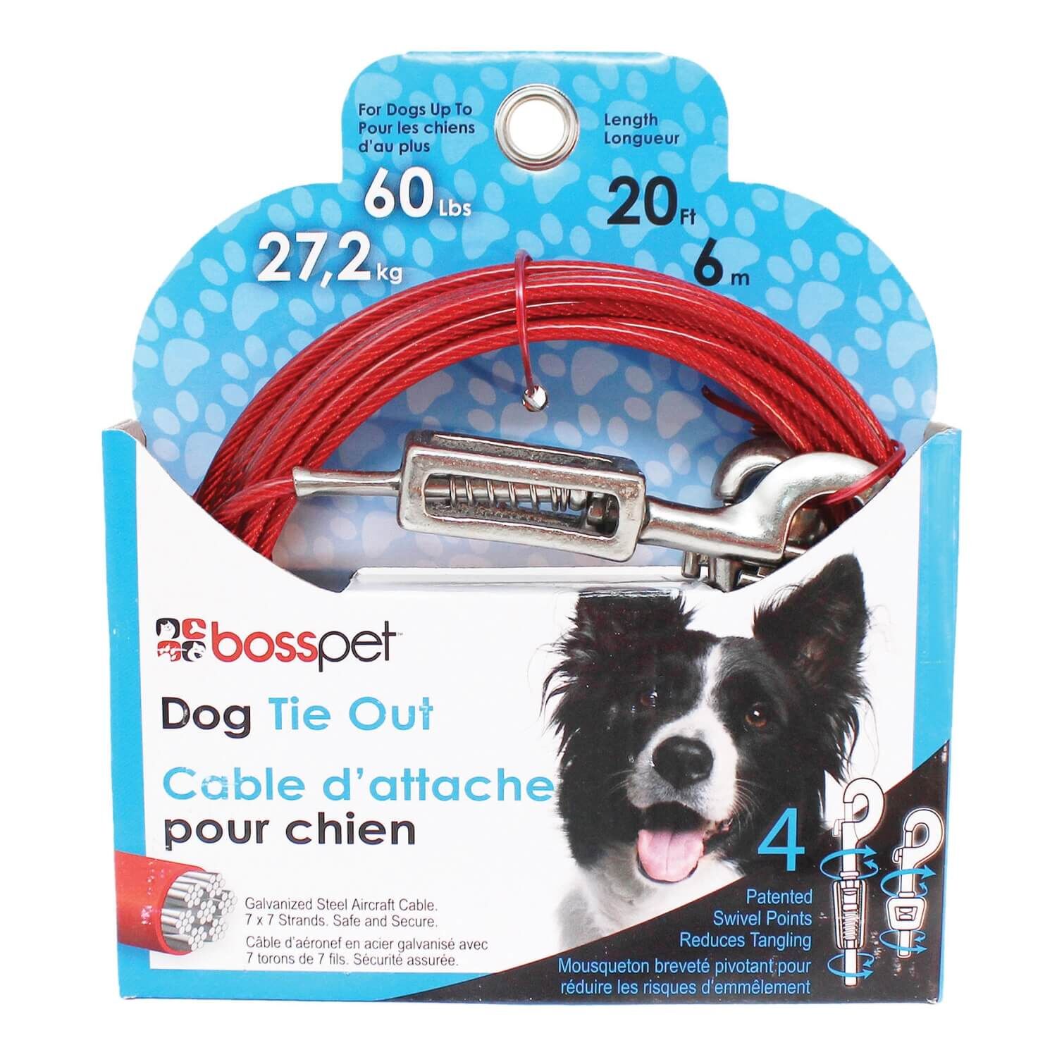 Boss Pet Vinyl Coated Dog Tie-Out With Shock Absorbing Spring For Large Dogs Up To 60 Lbs
