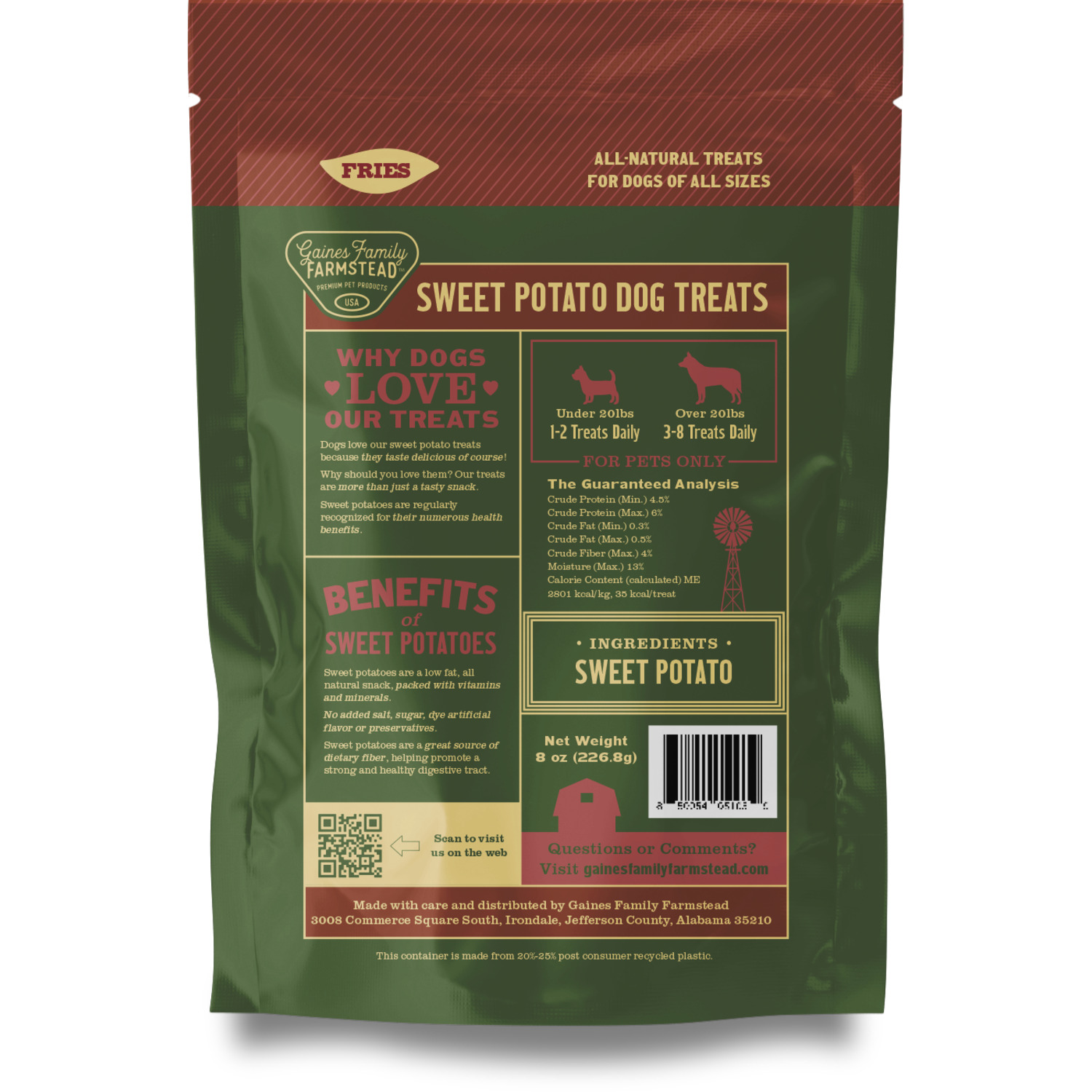 Gaines Family Farmstead Jumbo Sweet Potato Fries Dog Treats, 8Oz