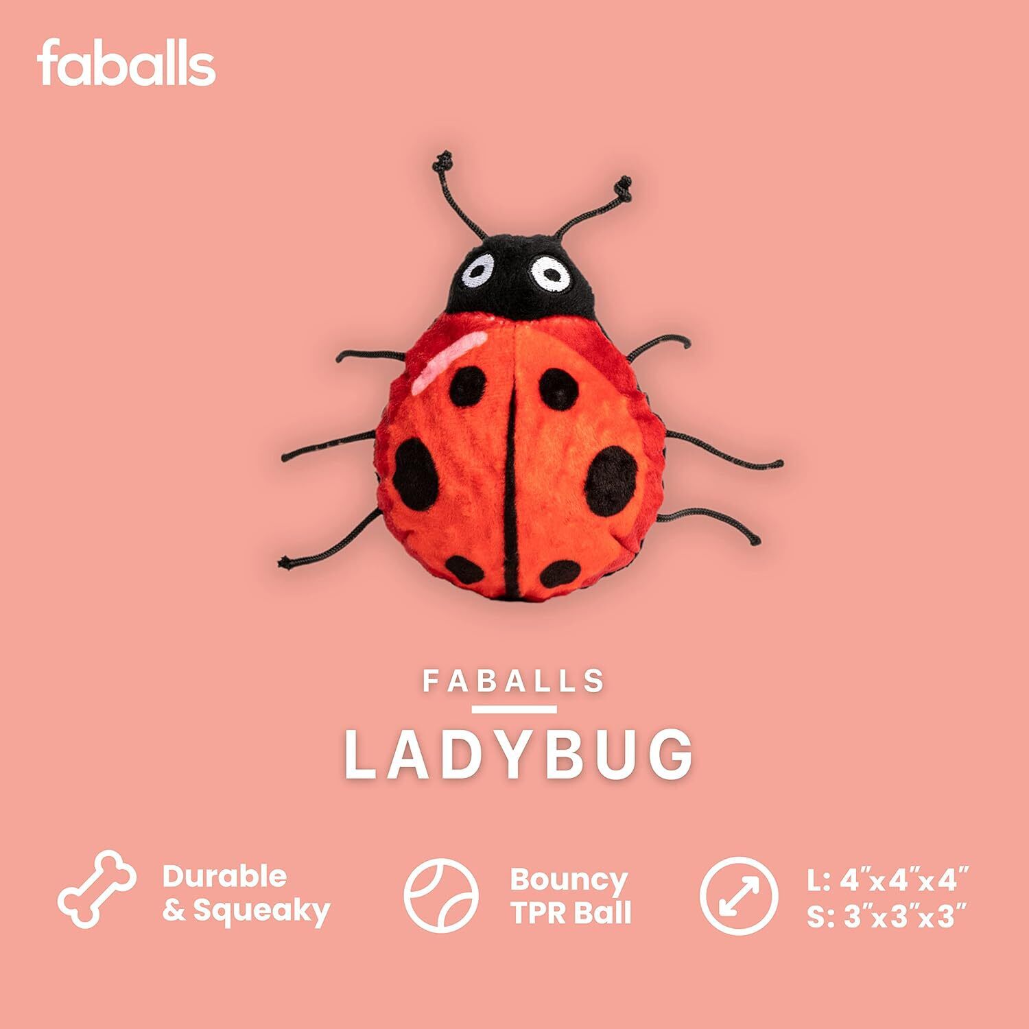 Fabdog Faball Ladybug Plush Squeaky Ball Dog Toy, 4"