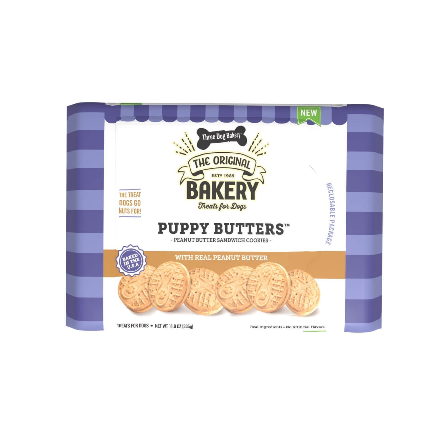 Three Dog Bakery Puppy Butters Peanut Butter Sandwich Cookie Dog Treats