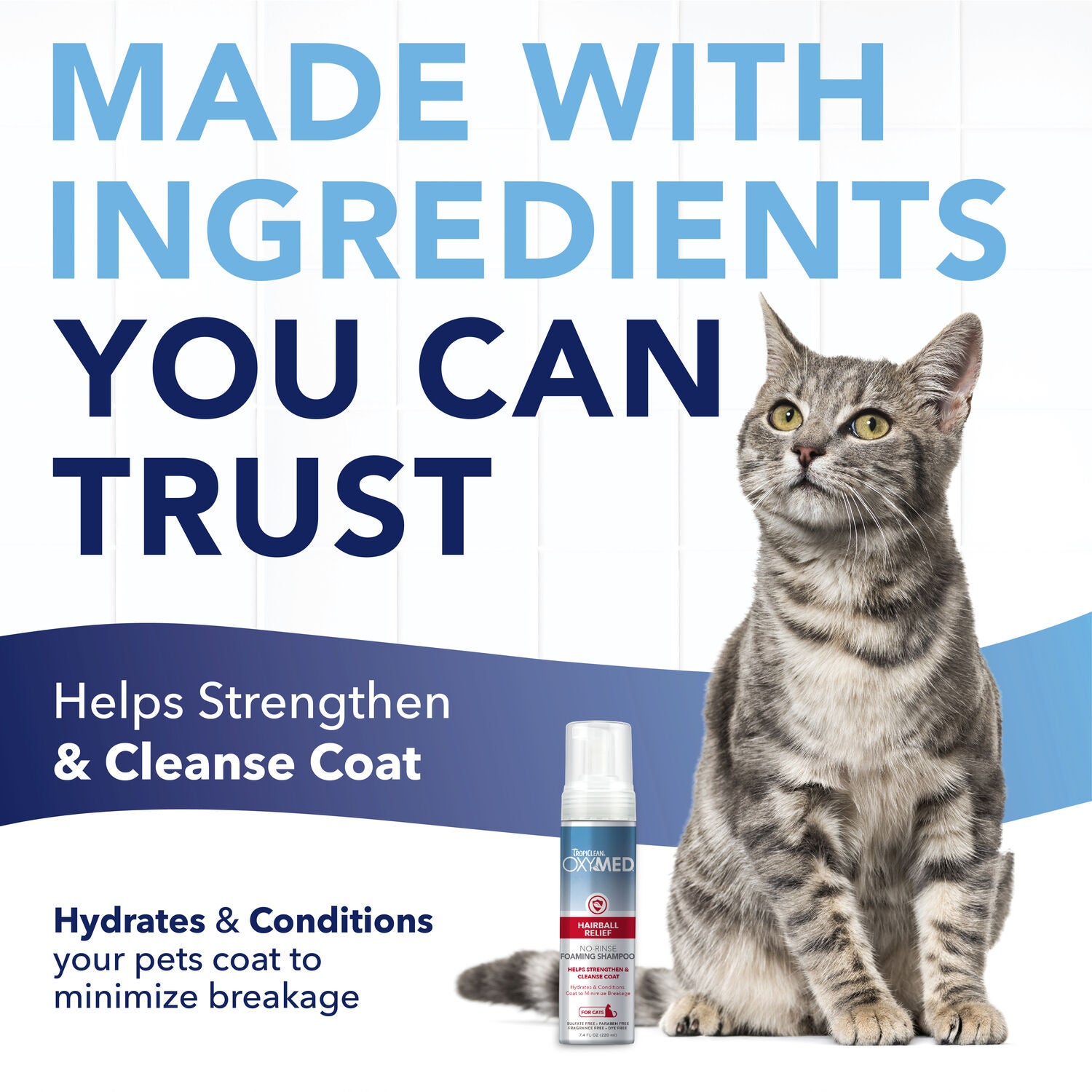 Tropiclean Oxymed Hairball Relief Waterless Foaming Cat Shampoo, 7.4Oz