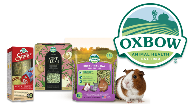 Oxbow Animal Health products including Western Timothy Stacks, Soft and Lush hay, and Botanical Hay, displayed next to the Oxbow logo and a brown and white guinea pig.