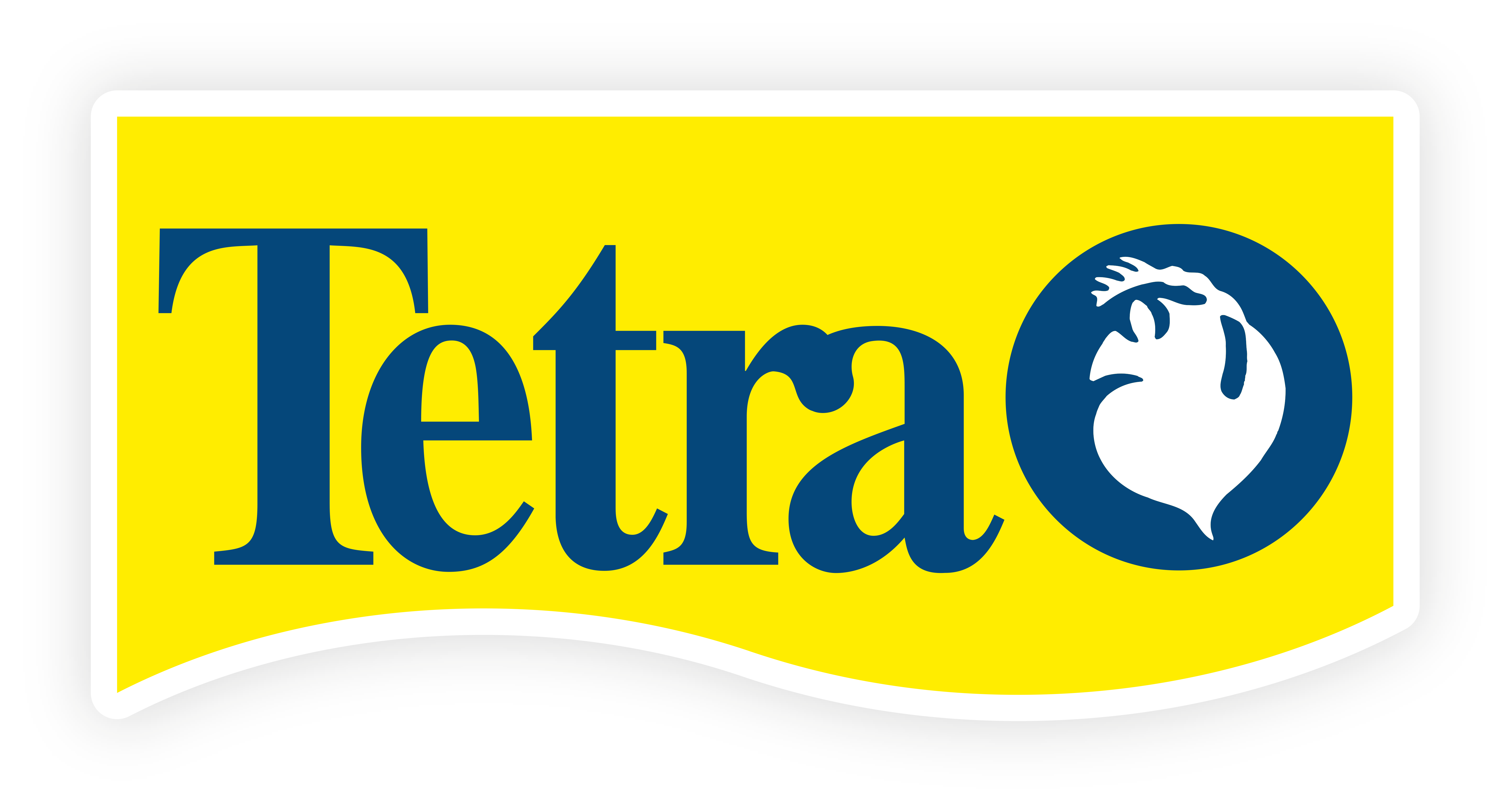 The Tetra logo in yellow and blue, displayed next to an aquarium scene with green plants and small orange fish swimming among rocks.