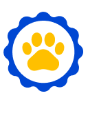 Gold paw print in a blue scalloped circle