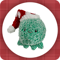 Santa hat on fuzzy green dog toy