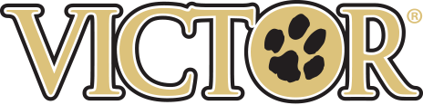 The VICTOR logo features the brand name in bold, uppercase letters with a paw print inside the letter "O," all in gold and black against a transparent background.