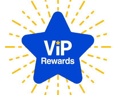 Blue star with text "ViP Rewards" in white and a yellow star over the "i", surrounded by radiating yellow rays.