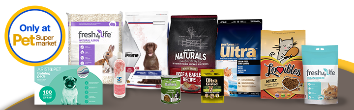 Fresh4Life cat litter, Performatrin Prime dog food, a yellow cartoon dog Pet Supermarket Peticon, and a playful tabby cat, with text reading "Only at Pet Supermarket" in a circular design.