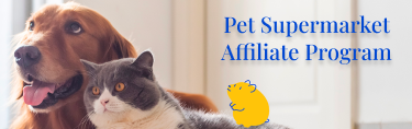 Pet Supermarket Affiliate Program image of dog and cat cuddling with a peticon yellow hamster 