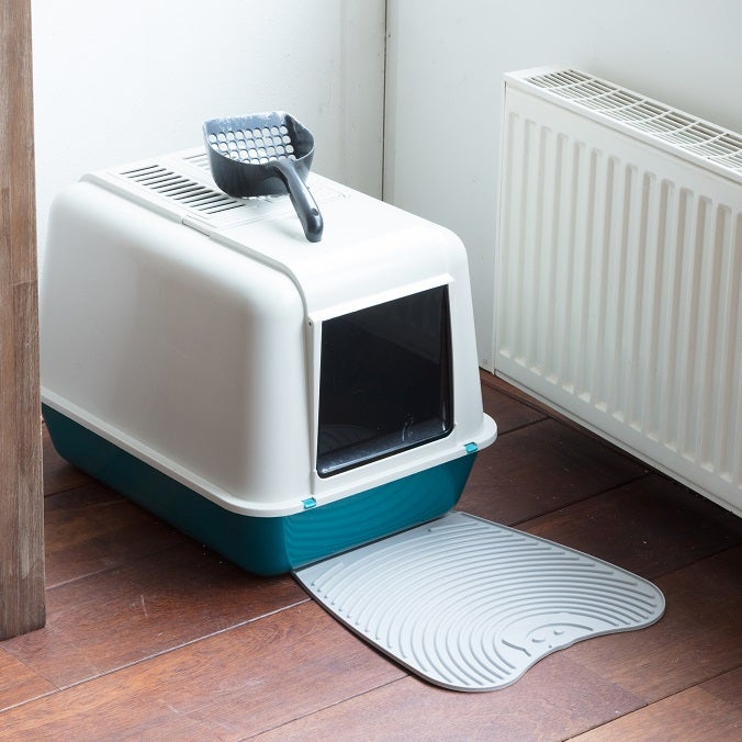 An in-home blue and white cat litter box with a white mat.