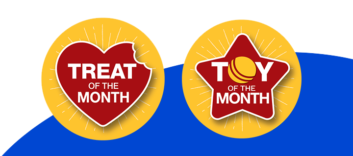 Treat of the month, Toy of the month badges in red star and heart with yellow bursts