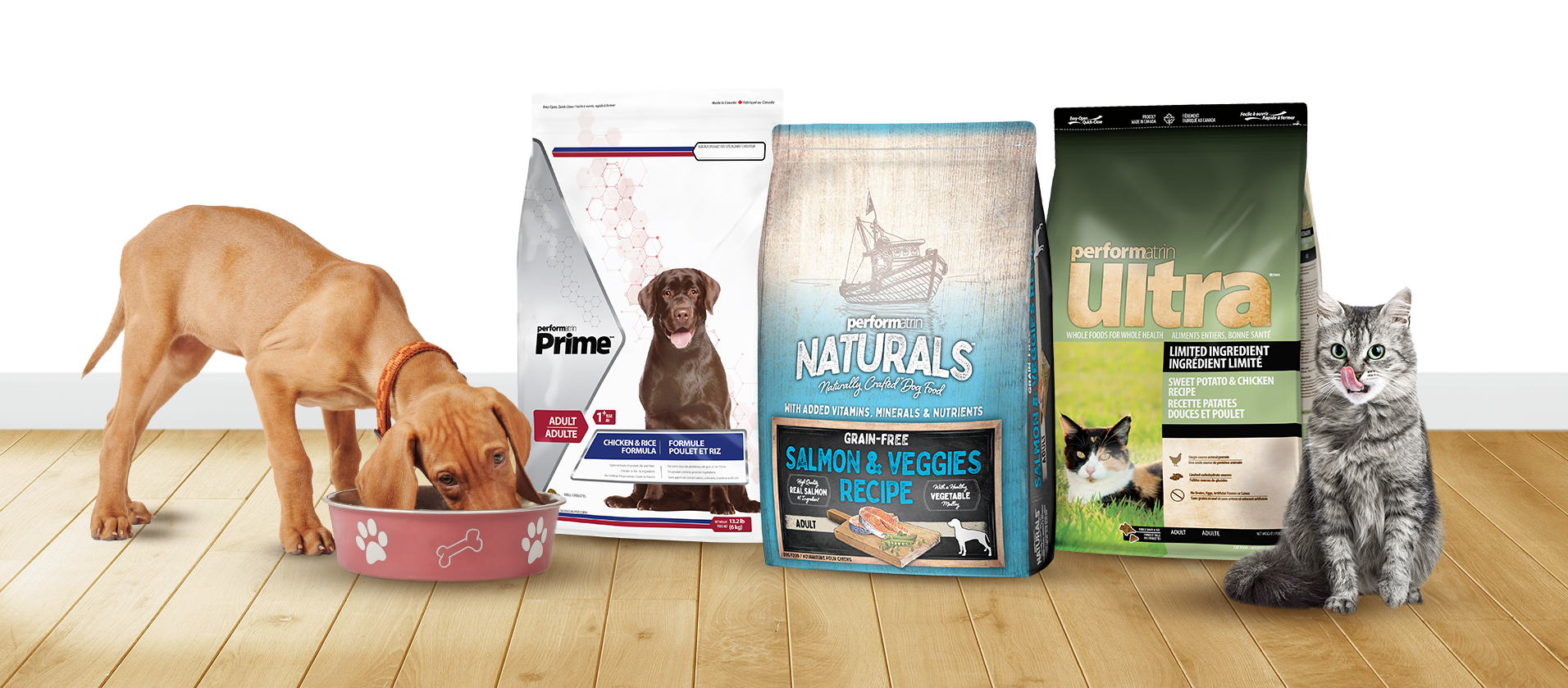 Various Performatrin pet food products.