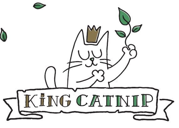 King catnip logo inside of a white banner with a illustrated cat with a crown holding a leaf &ldquo;100% organic North American catnip&rdquo;