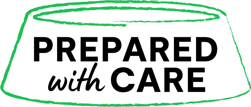"Prepared with care" on a bowl with green outline
