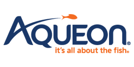  (blue "AQUEON" text with an orange fish icon and "it&rsquo;s all about the fish." tagline) | Two bright orange fish swimming in a light, clear water environment.