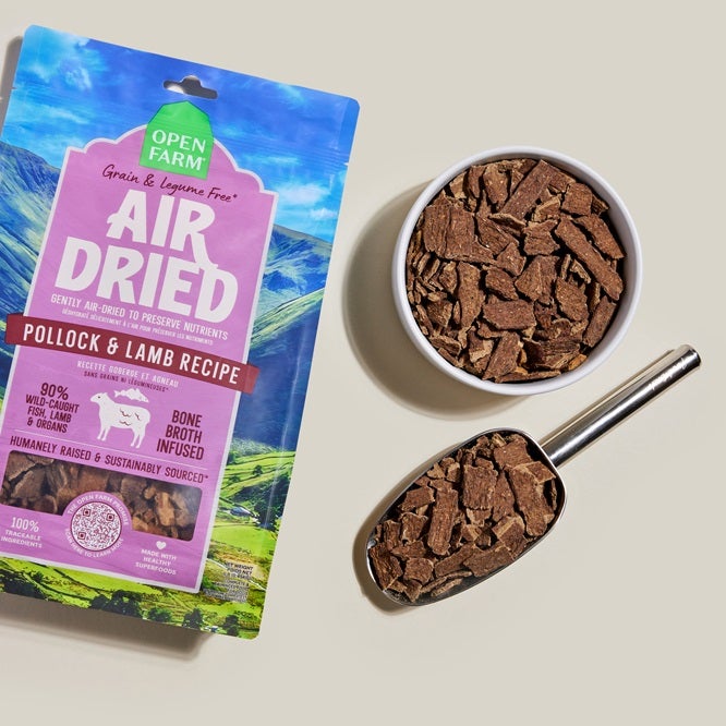 Air Dried dog food with purple label with bowl and scoop