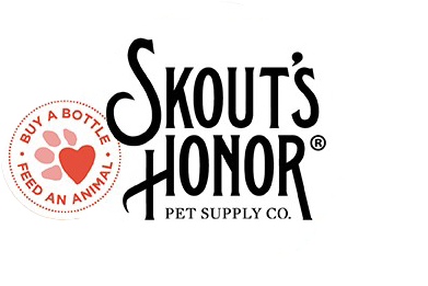 A happy dog with its paws on a table next to various Skout's Honor pet products, including a paw spray and probiotic spray. On the right, a Labrador lying down next to Skout's Honor flea and tick products, including a spray and shampoo, with a garden hose nearby.