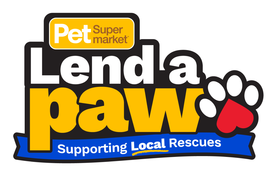 Pet supermarket Lend a Paw supporting local rescues logo with paw print heart