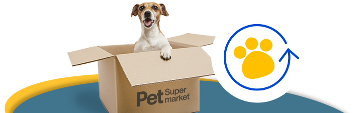 AutoShip & Save icon on a teal background with a dog sitting in a Pet Supermarket box